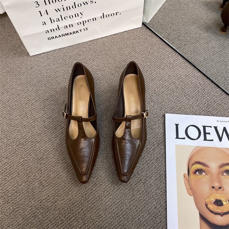 Mary Jane Heel Shoes T Pointed Pyramid Strap