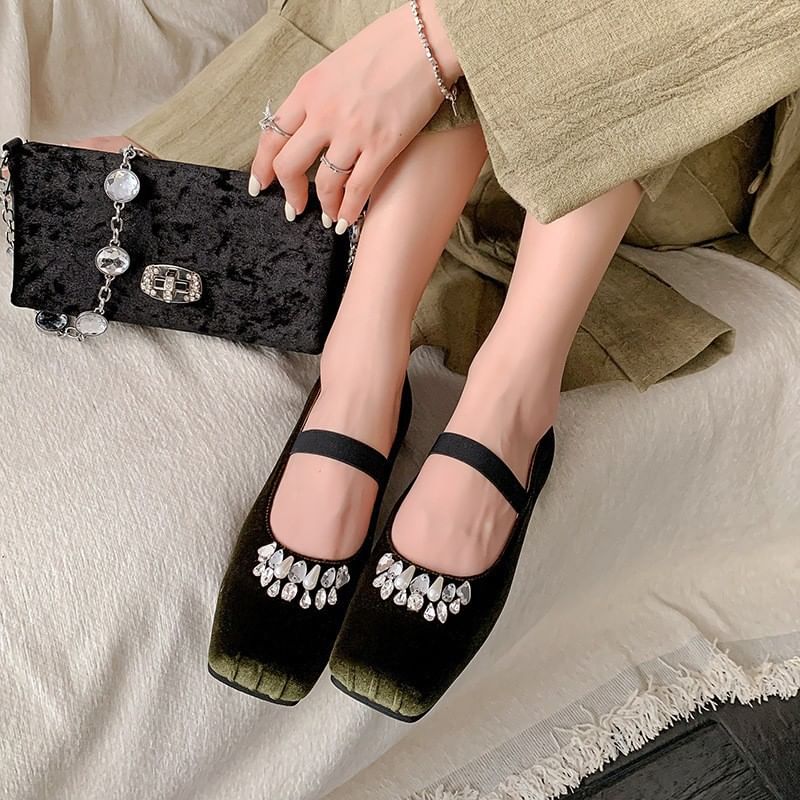 Square Pumps Toe Velvet Heel Rhinestone Low