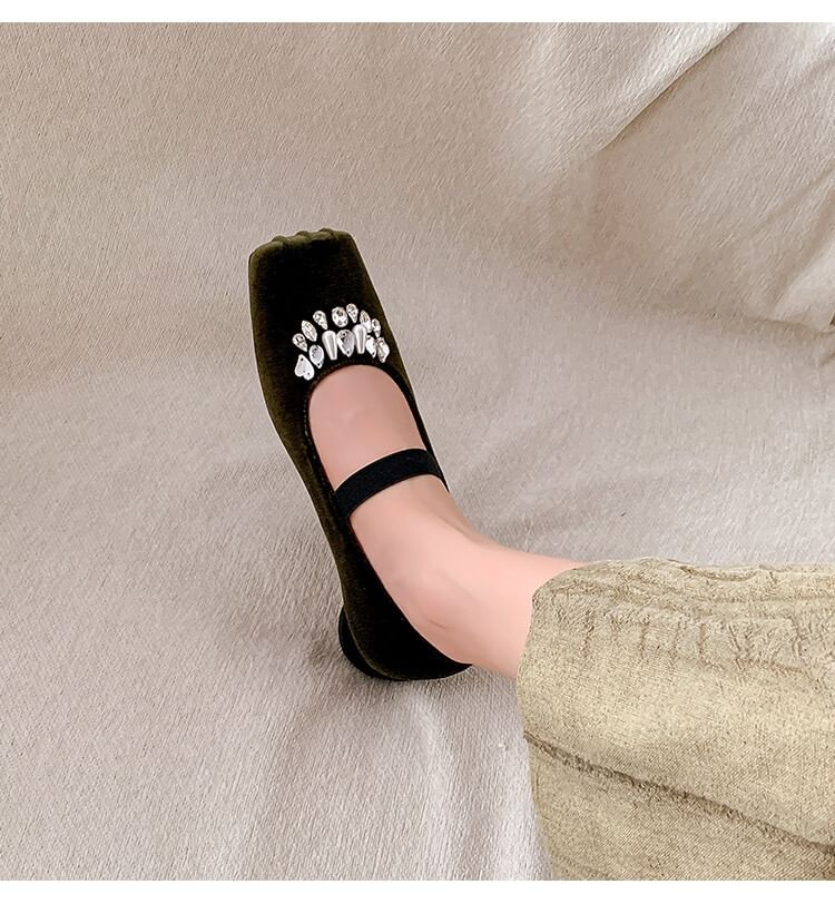 Square Pumps Toe Velvet Heel Rhinestone Low