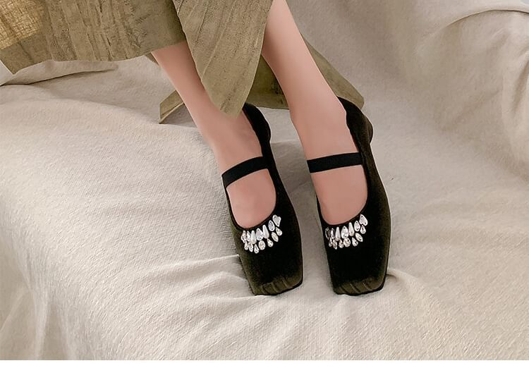 Square Pumps Toe Velvet Heel Rhinestone Low