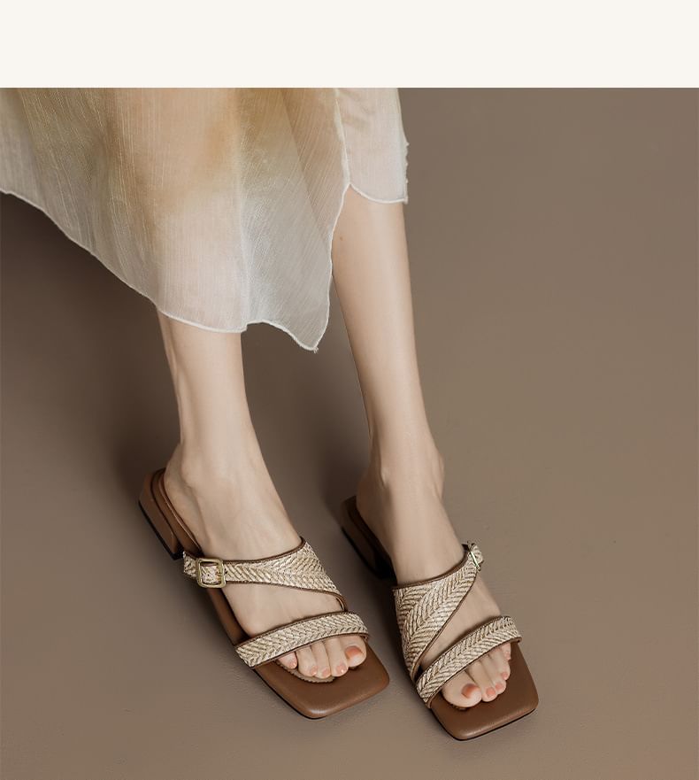Low Square Toe Strap Woven Heel Sandals