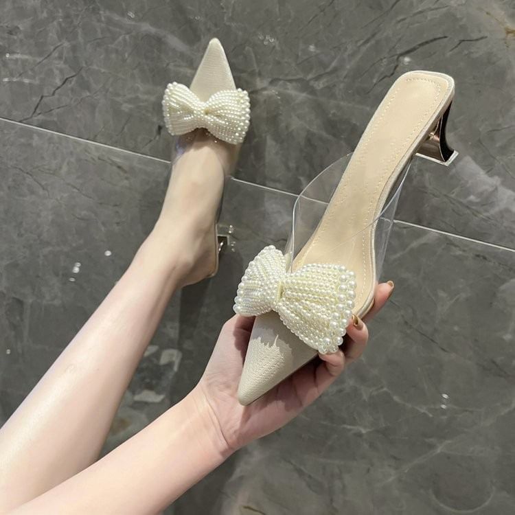 Beaded Transparent Mules Spool Heel Bow Strap