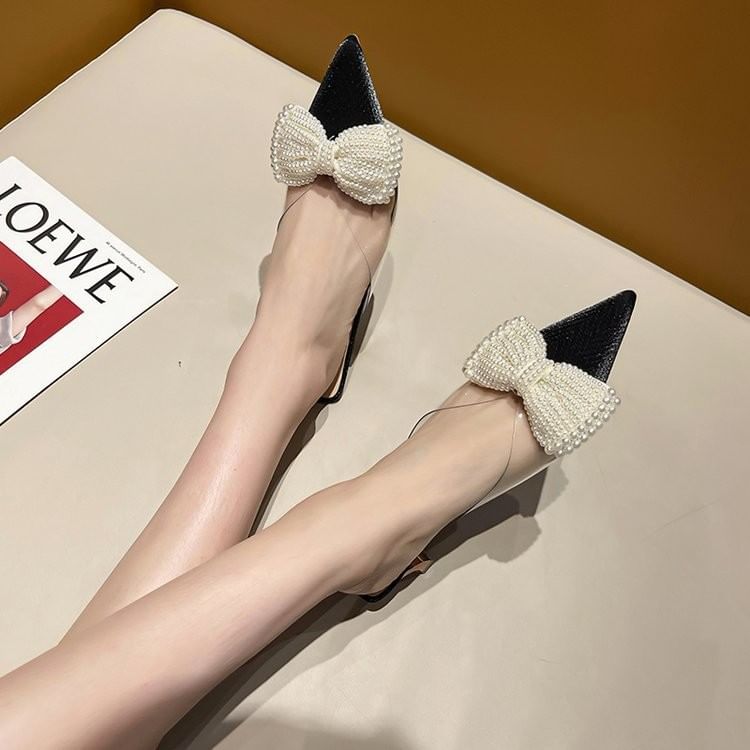 Beaded Transparent Mules Spool Heel Bow Strap