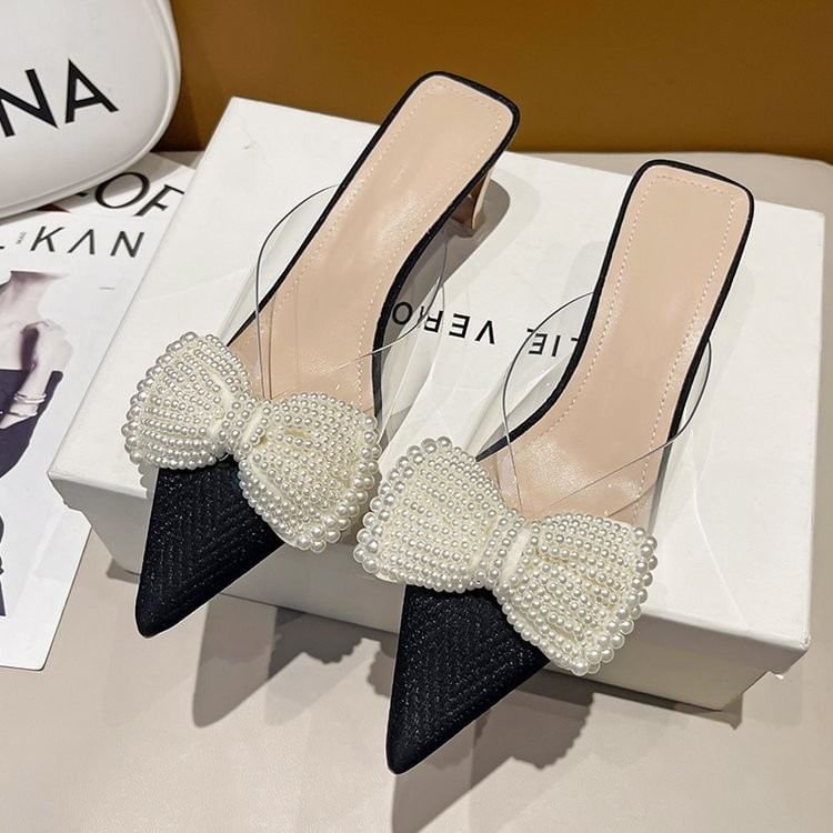 Beaded Transparent Mules Spool Heel Bow Strap