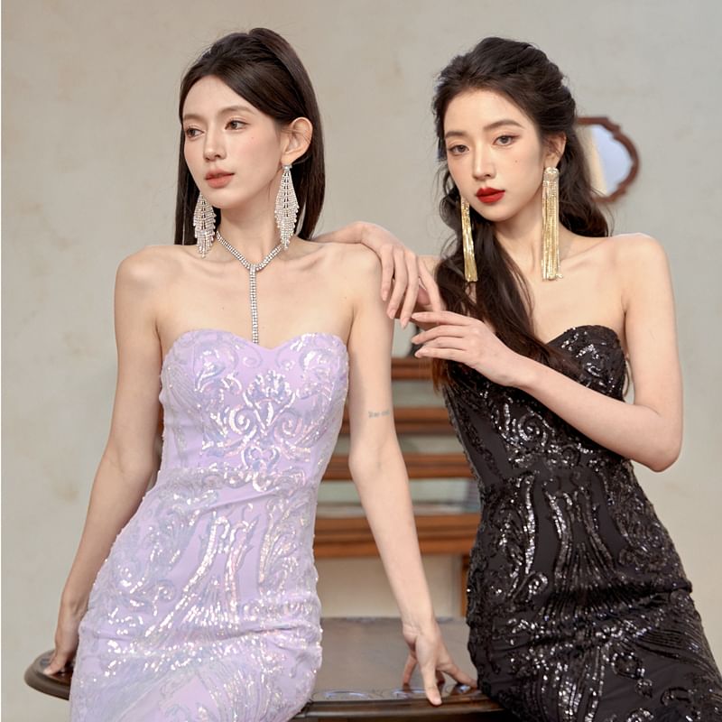 Patterned Evening Tube Mermaid Sequin Panel Gown Mesh