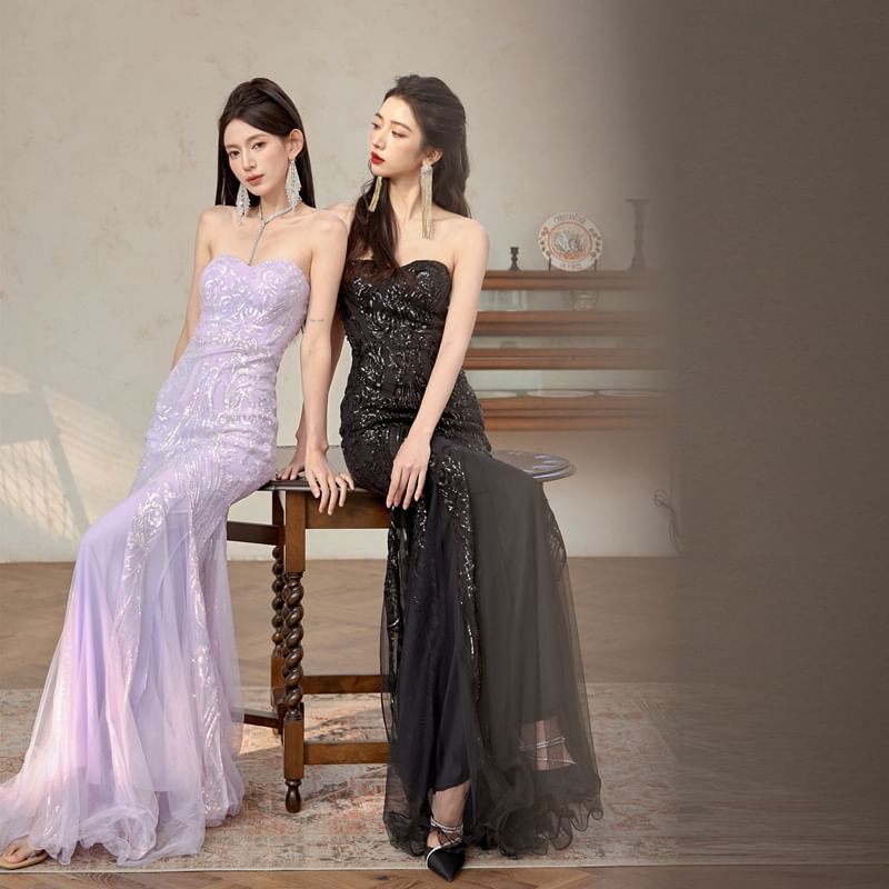 Patterned Evening Tube Mermaid Sequin Panel Gown Mesh