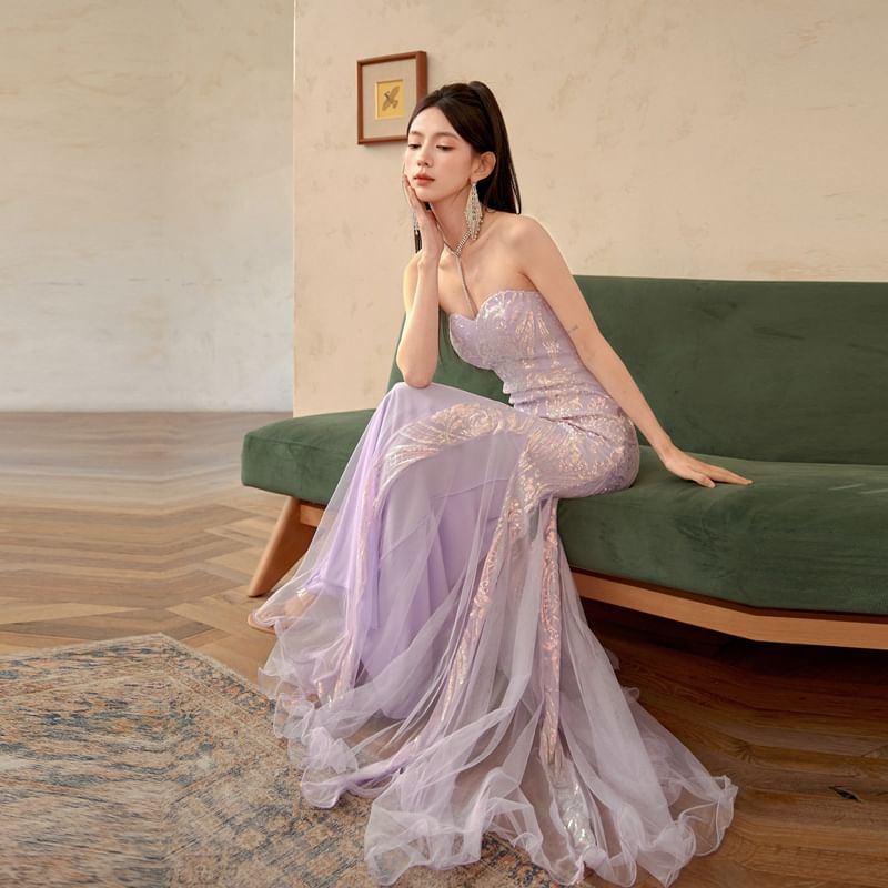 Patterned Evening Tube Mermaid Sequin Panel Gown Mesh