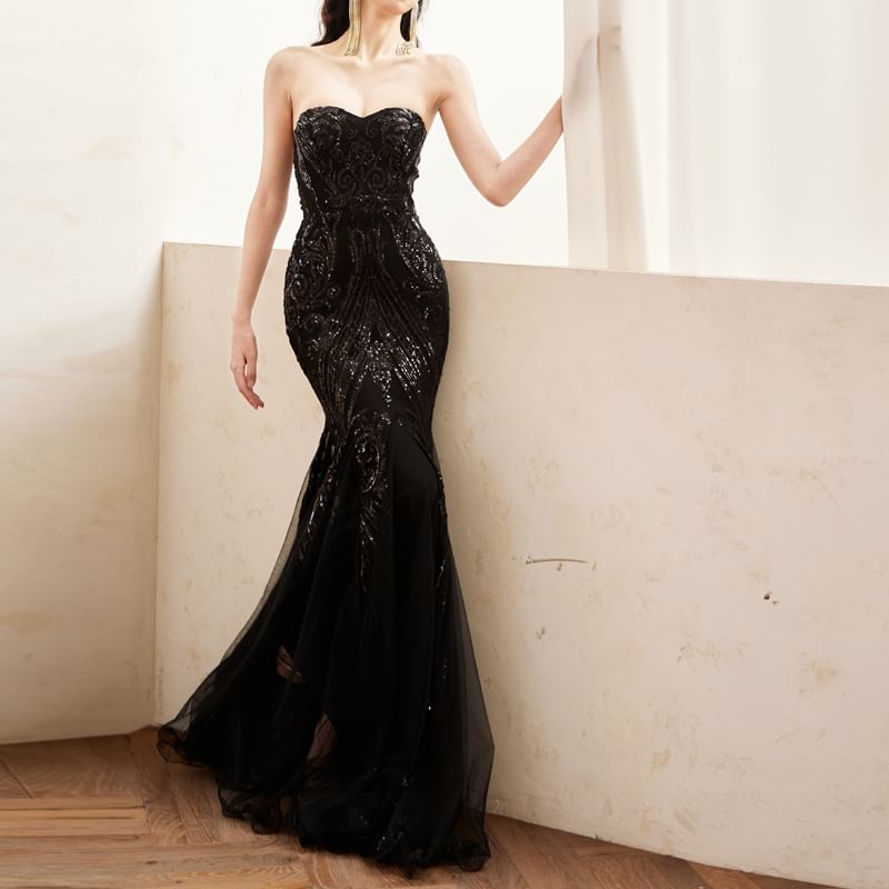 Patterned Evening Tube Mermaid Sequin Panel Gown Mesh