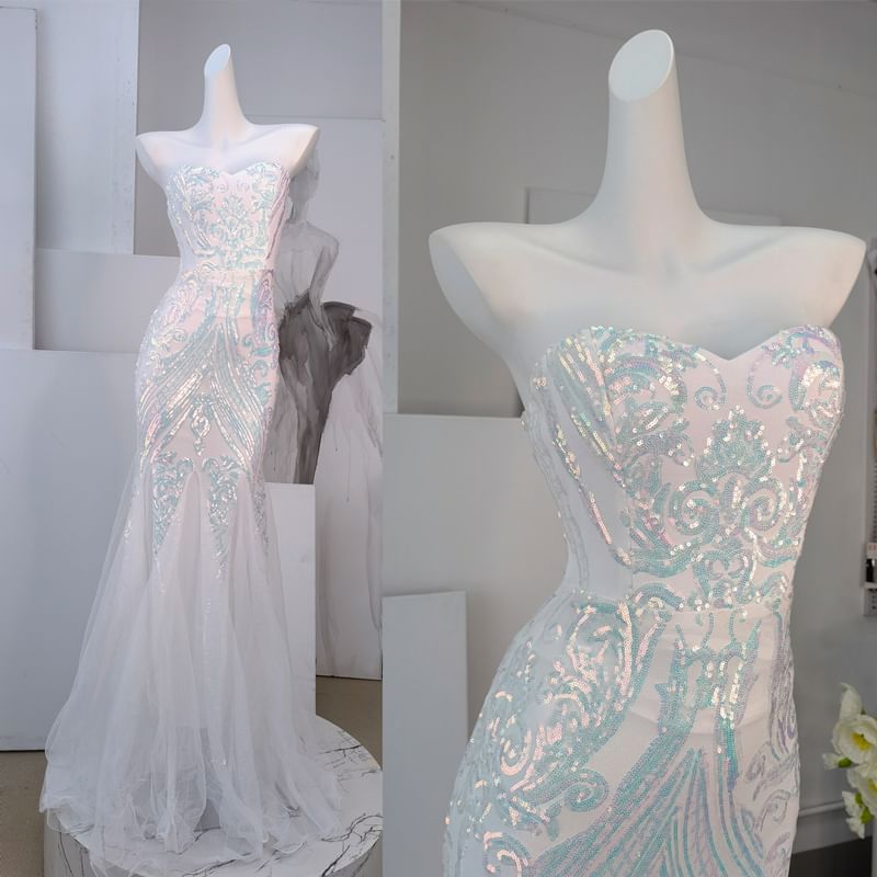 Patterned Evening Tube Mermaid Sequin Panel Gown Mesh