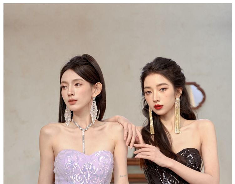 Patterned Evening Tube Mermaid Sequin Panel Gown Mesh