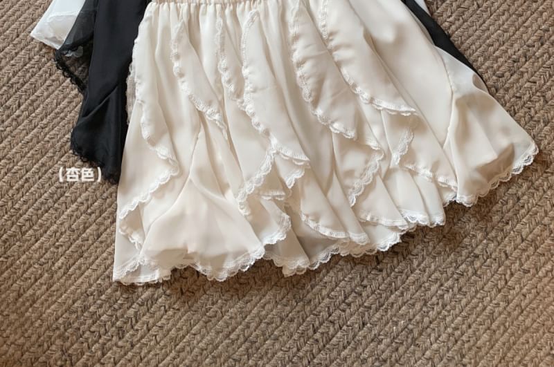Plain A-Line Trim Waist High Skirt Mini Lace Ruffle