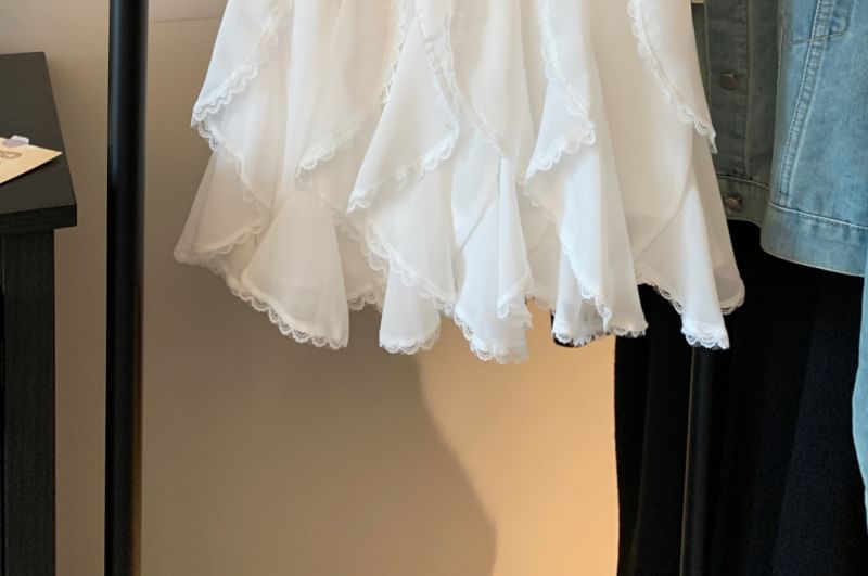 Plain A-Line Trim Waist High Skirt Mini Lace Ruffle