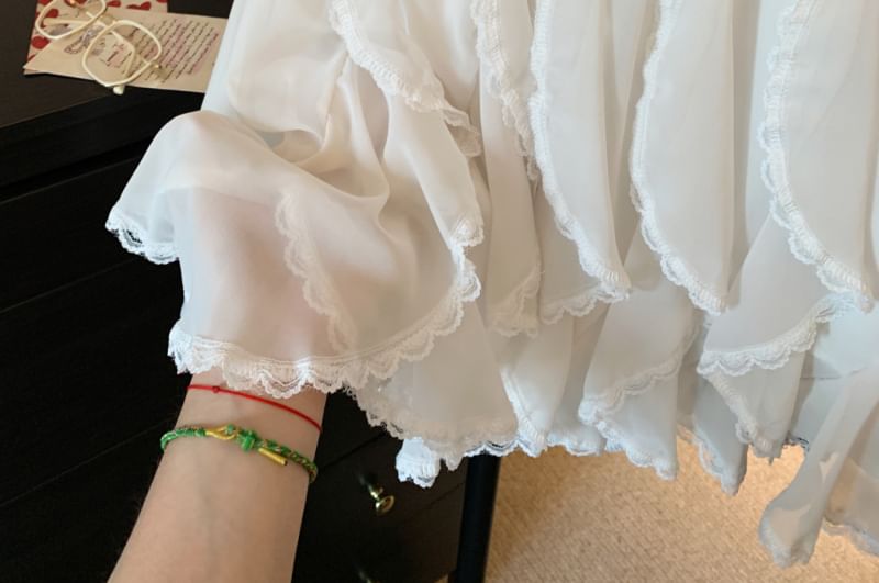 Plain A-Line Trim Waist High Skirt Mini Lace Ruffle