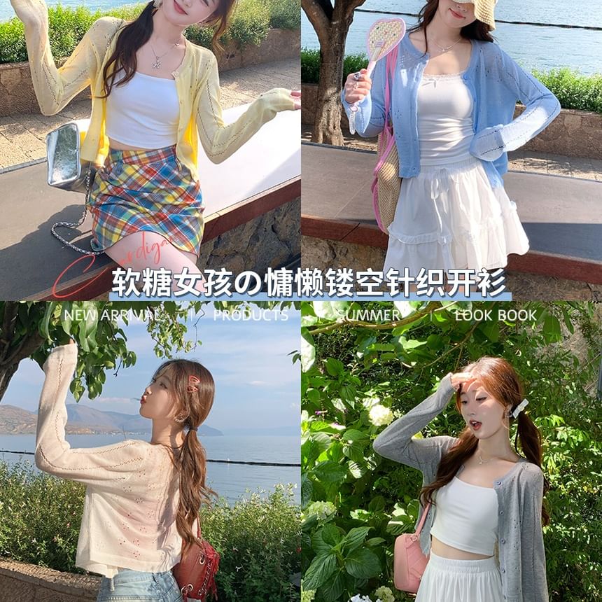 Crew Crop Neck Perforated Cardigan Plain Button-Up