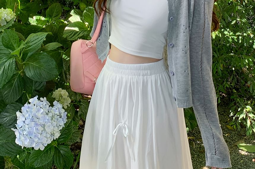 Crew Crop Neck Perforated Cardigan Plain Button-Up