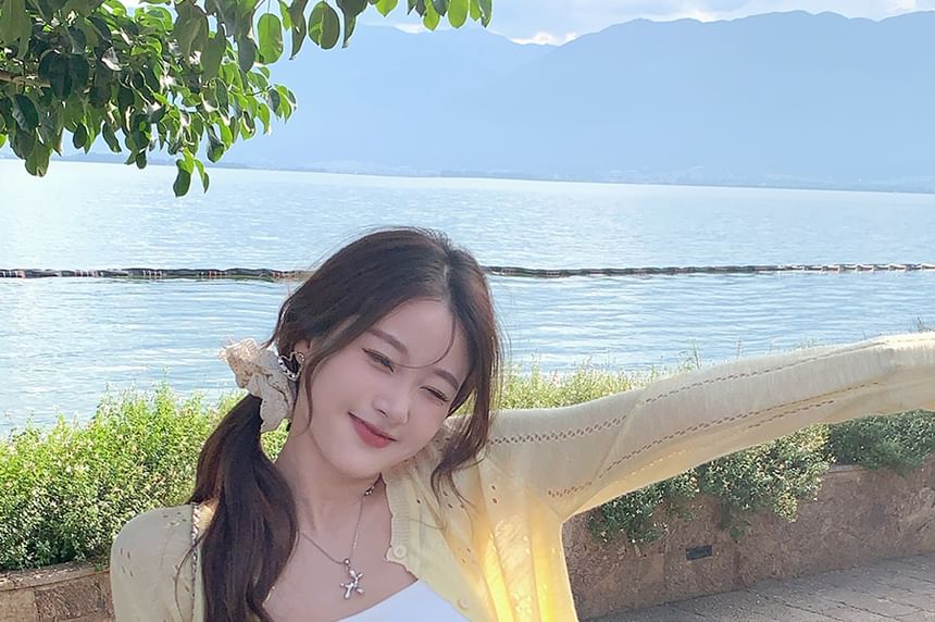 Crew Crop Neck Perforated Cardigan Plain Button-Up