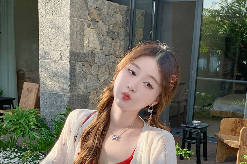 Crew Crop Neck Perforated Cardigan Plain Button-Up