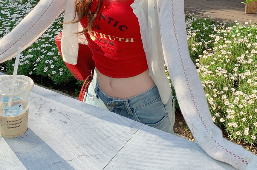 Crew Crop Neck Perforated Cardigan Plain Button-Up