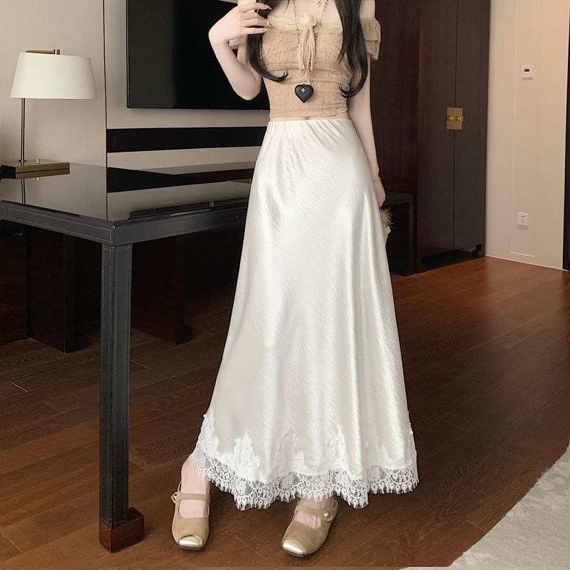 Panel A-Line Lace Skirt Rise Satin Midi High