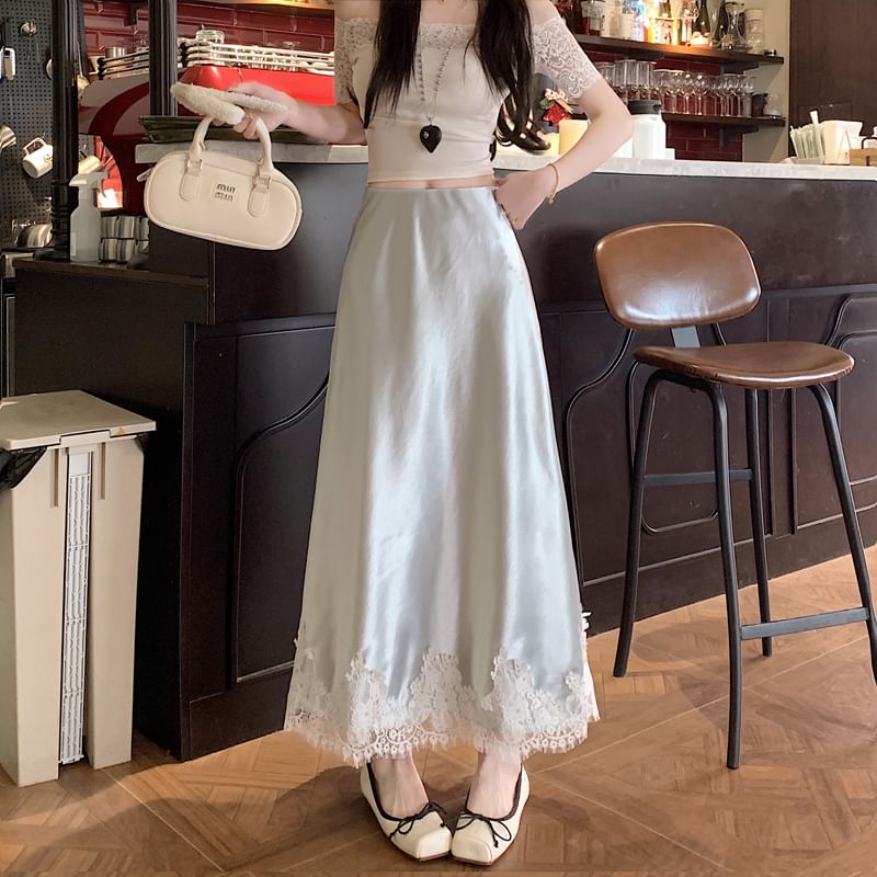 Panel A-Line Lace Skirt Rise Satin Midi High
