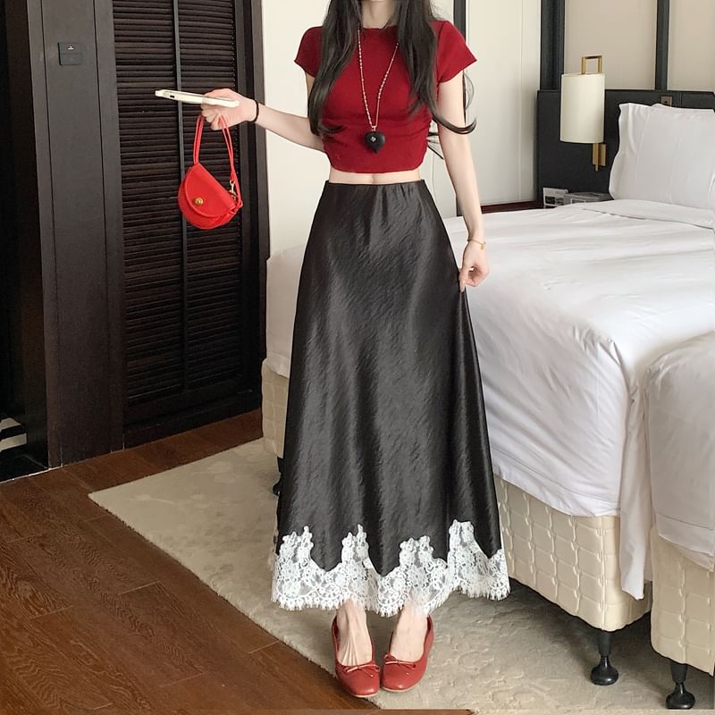Panel A-Line Lace Skirt Rise Satin Midi High