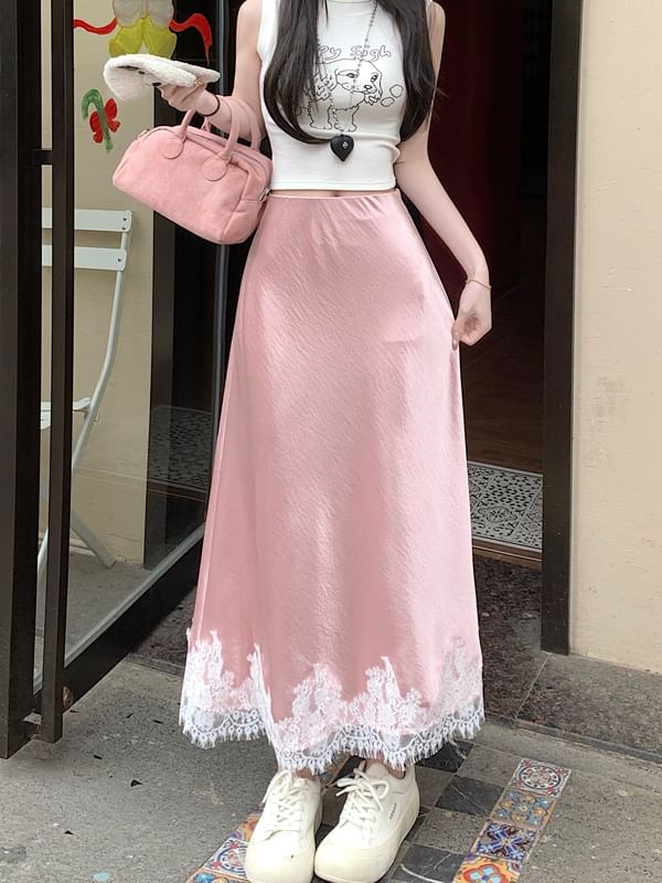 Panel A-Line Lace Skirt Rise Satin Midi High