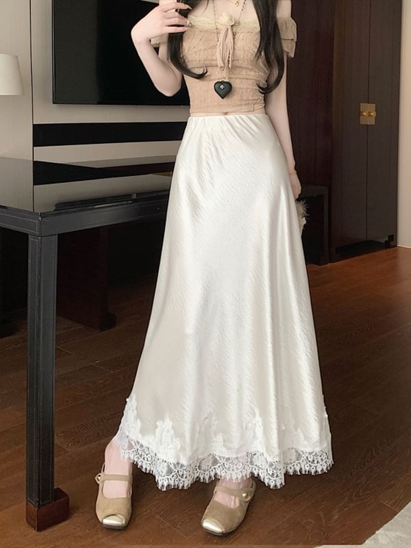 Panel A-Line Lace Skirt Rise Satin Midi High