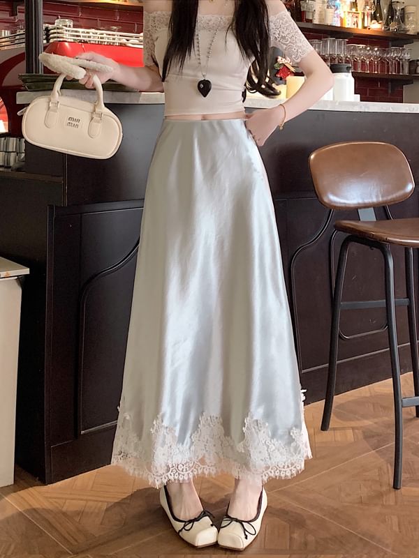 Panel A-Line Lace Skirt Rise Satin Midi High