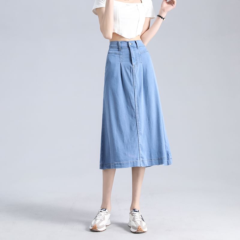 Midi Denim Waist Skirt High A-Line