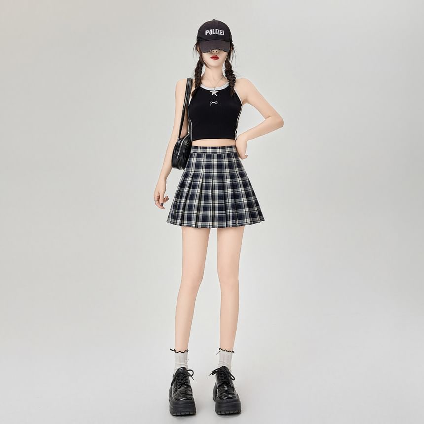 Rise Pleated Mini Plaid Skirt High A-Line