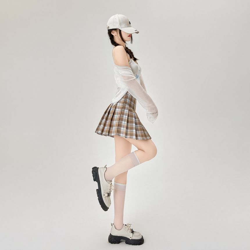 Rise Pleated Mini Plaid Skirt High A-Line