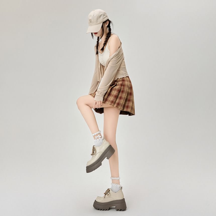 Rise Pleated Mini Plaid Skirt High A-Line