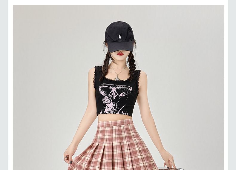 Rise Pleated Mini Plaid Skirt High A-Line