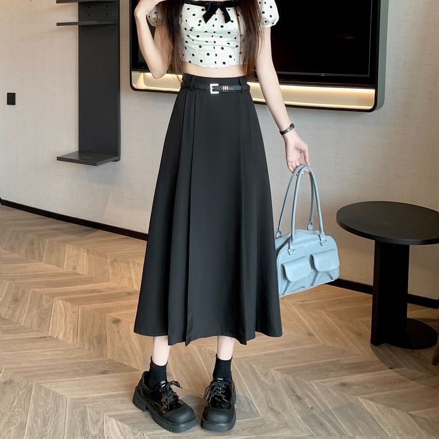 Pleated High Skirt Rise Plain A-Line Midi