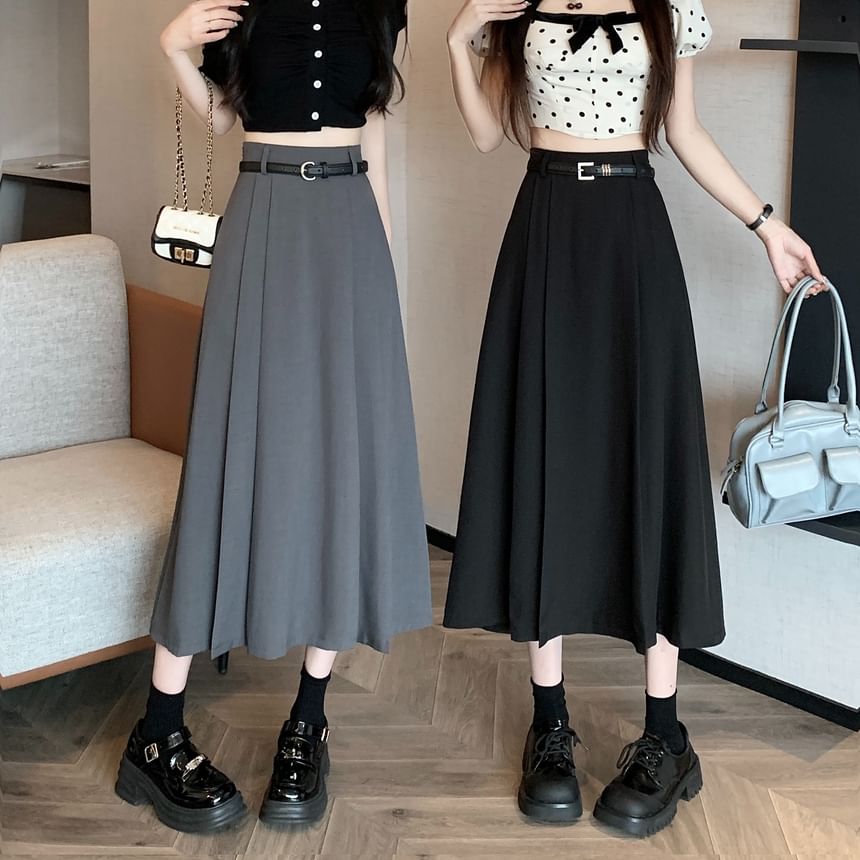 Pleated High Skirt Rise Plain A-Line Midi