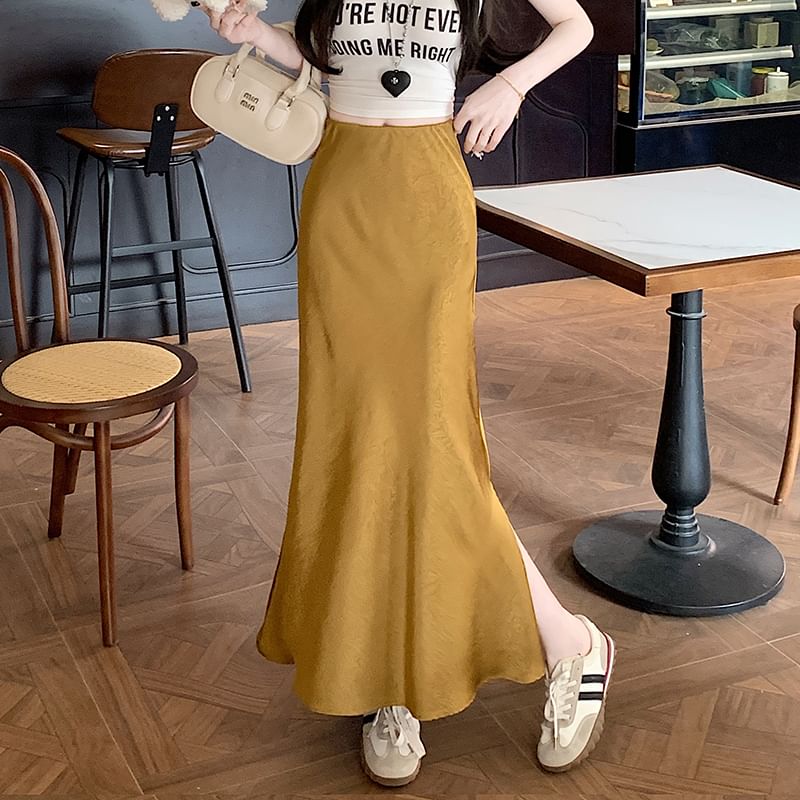 High Rise Slit Fishtail Skirt Maxi Satin Plain
