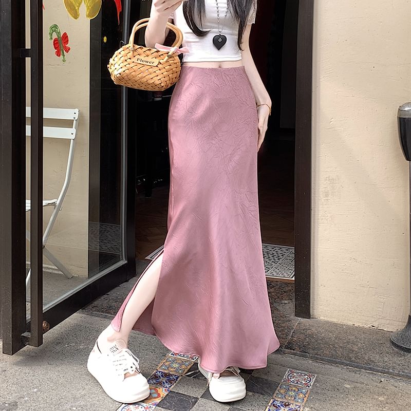 High Rise Slit Fishtail Skirt Maxi Satin Plain