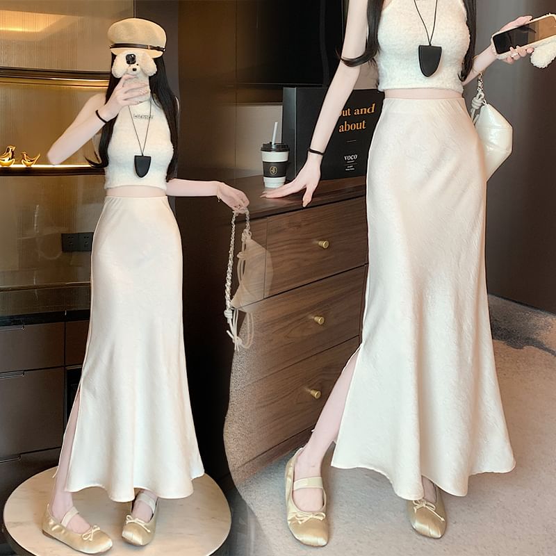 High Rise Slit Fishtail Skirt Maxi Satin Plain