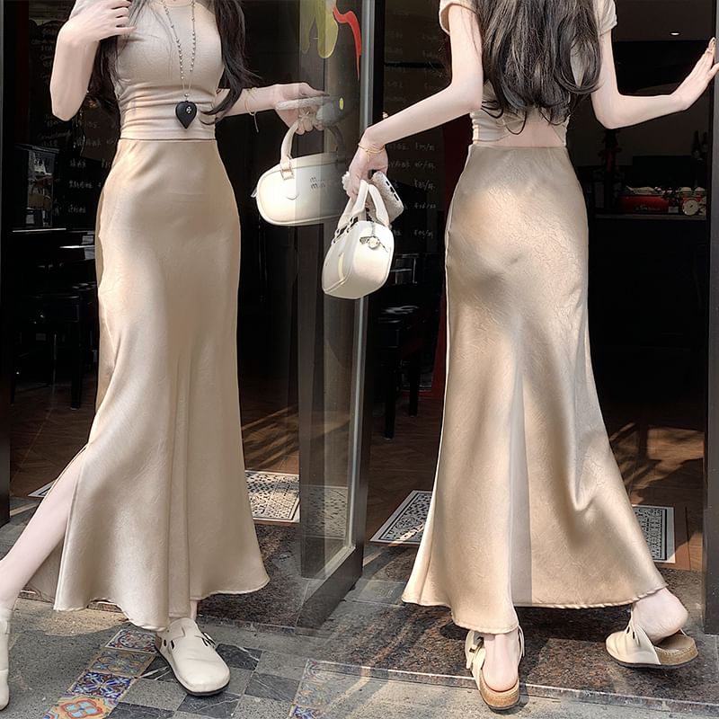 High Rise Slit Fishtail Skirt Maxi Satin Plain