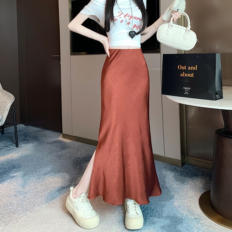 High Rise Slit Fishtail Skirt Maxi Satin Plain