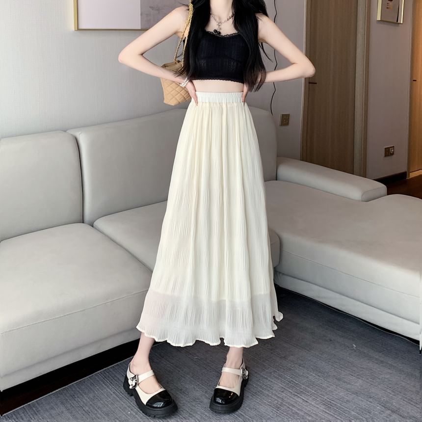 Waist Crinkle Midi High A-Line Plain Skirt