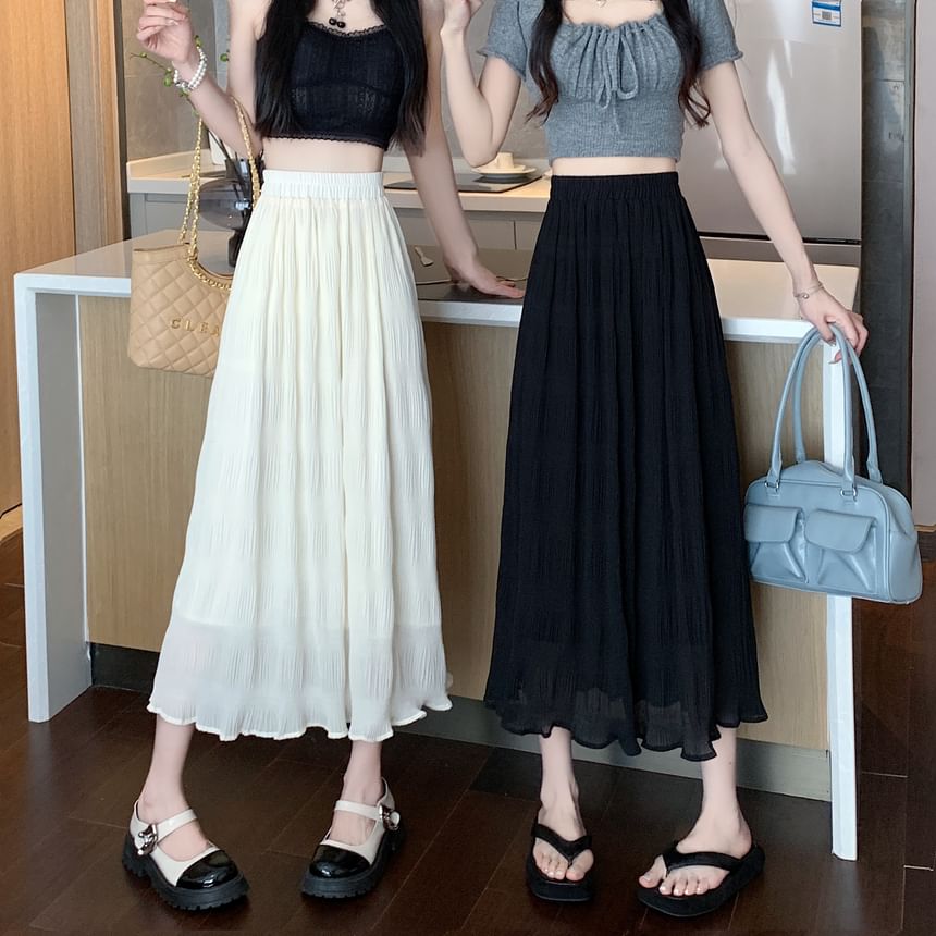 Waist Crinkle Midi High A-Line Plain Skirt