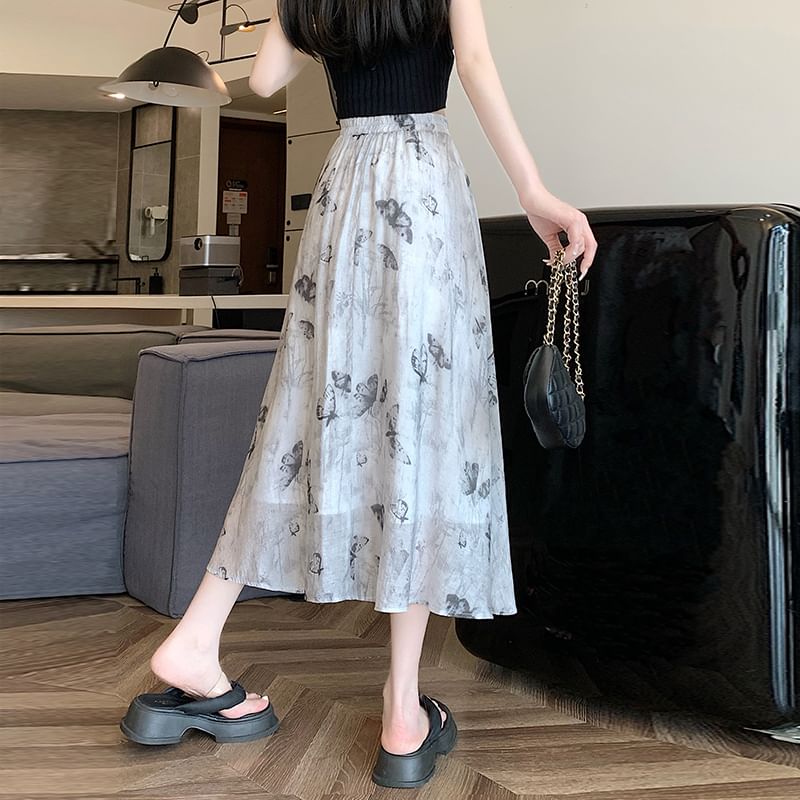 Midi Skirt High A-Line Print Rise Butterfly