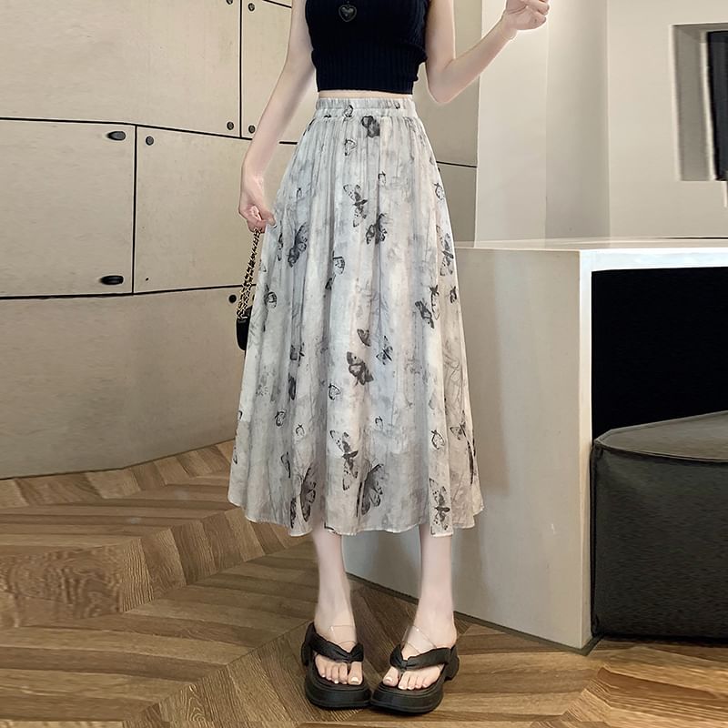 Midi Skirt High A-Line Print Rise Butterfly