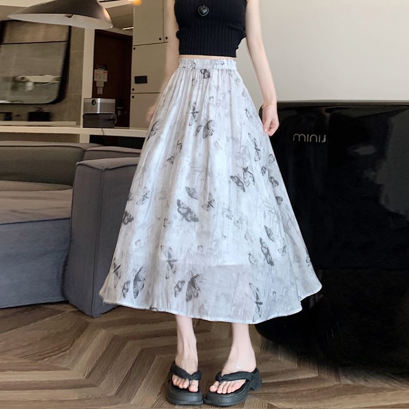 Midi Skirt High A-Line Print Rise Butterfly