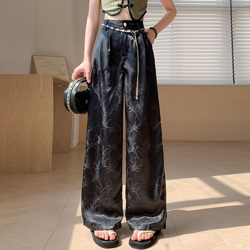 Jacquard Waist Leg Satin Wide High Pants