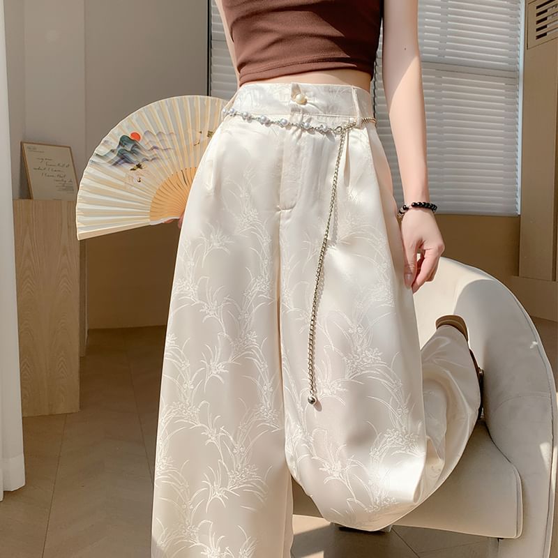 Jacquard Waist Leg Satin Wide High Pants