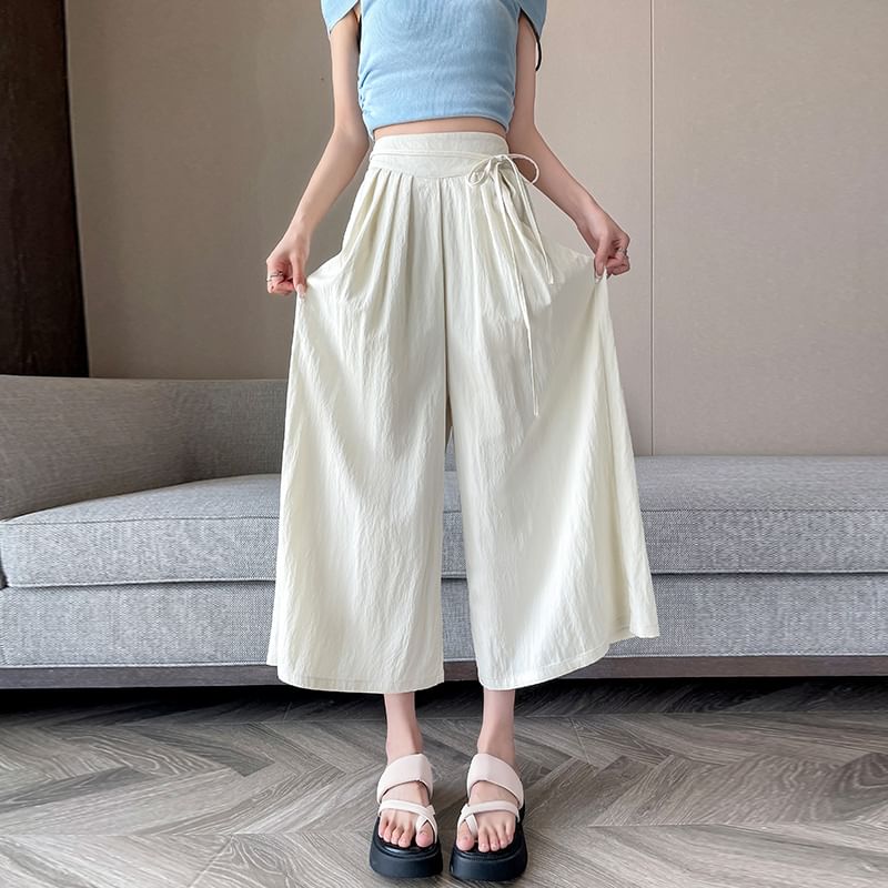 Plain High Waist Cropped Pleated Culottes