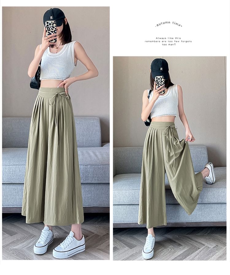 Plain High Waist Cropped Pleated Culottes