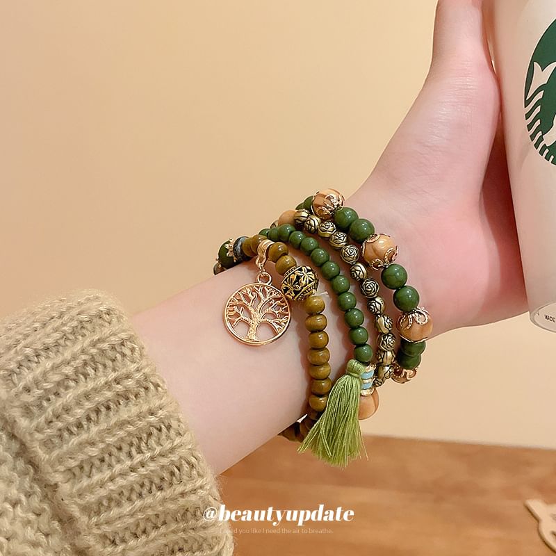 Bracelet Designs) Bead / (Various Faux Gemstone Wooden Set Tassel